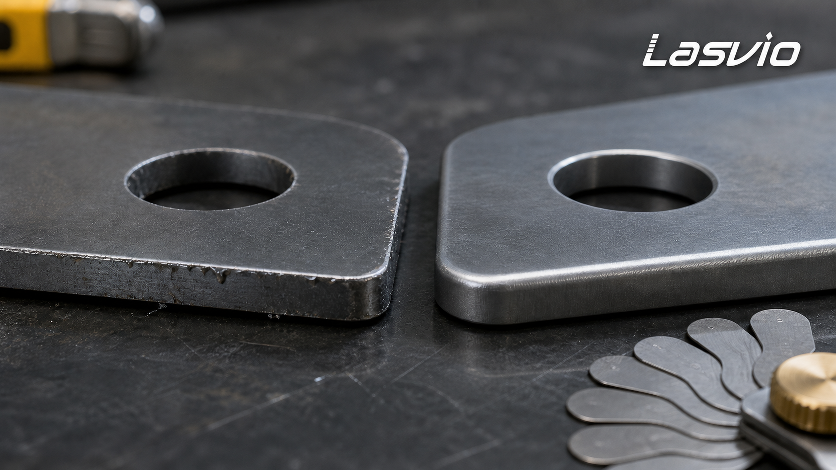 Before-and-after sheet metal edge rounding showing a sharp cut edge and a smooth rounded edge