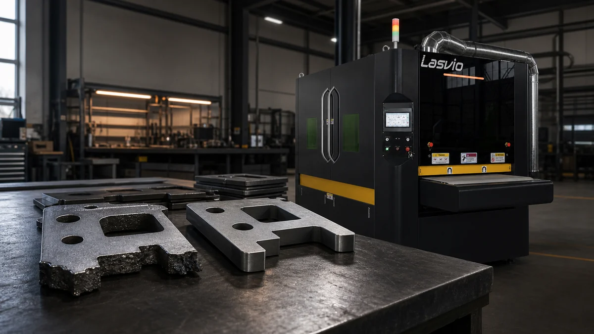 Thermal-cut steel parts before and after slag removal beside a Lasvio machine