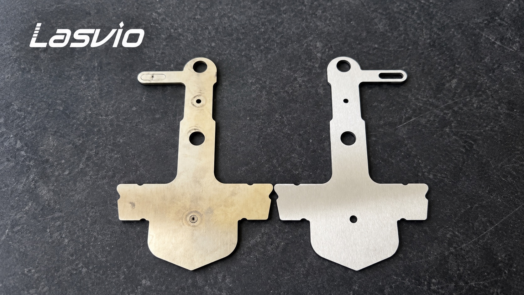 Two flat metal sample parts showing different surface and edge finishes after deburring