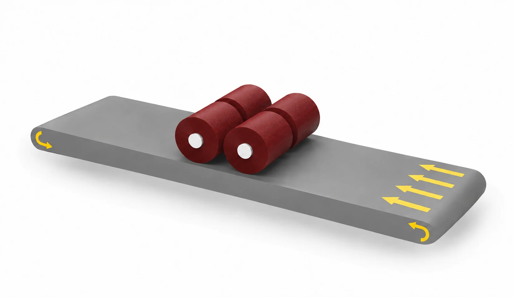 Two rotary brush rollers above a conveyor belt for sheet metal edge rounding