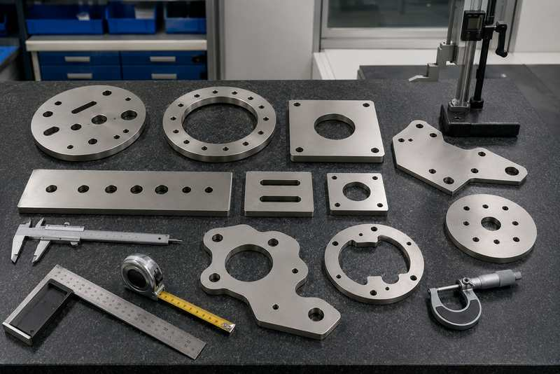 Metal parts with circular holes, elongated slots and complex contours beside measuring tools on an inspection table